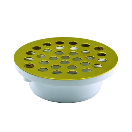 Jones Stephens 2inX3in General Purpose PVC Drain, 4-1/4in Polished Brass PVD Round Stamped Strainer, Ring D54015